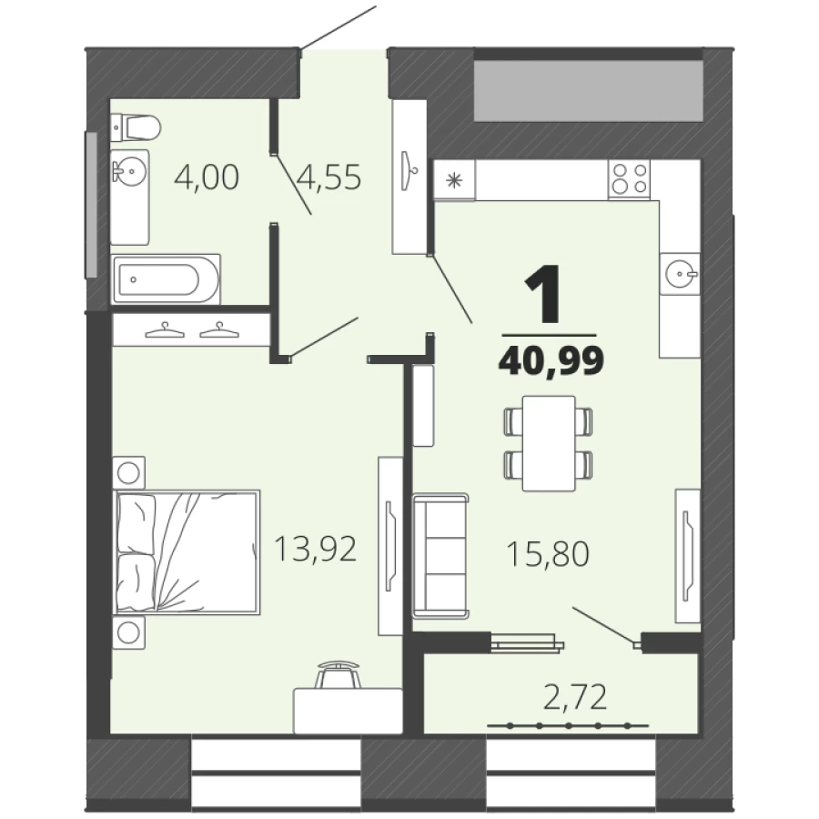 1-ая квартира площадью 40,99 м2 в ЖК Бирюзова